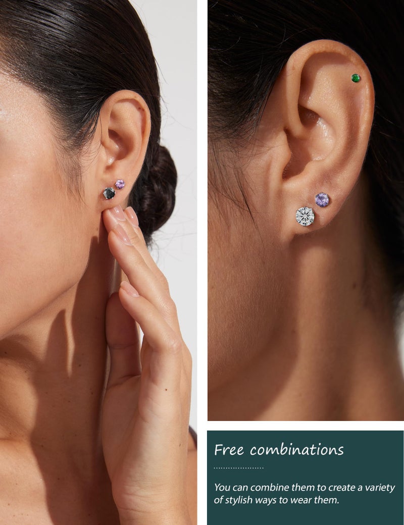 WSSXC 12 Pairs Silver Earrings - Surgical Steel Women's & Men's Hypoallergenic Earrings Set - 12 Colors Cubic Zirconia Studs - Image 3